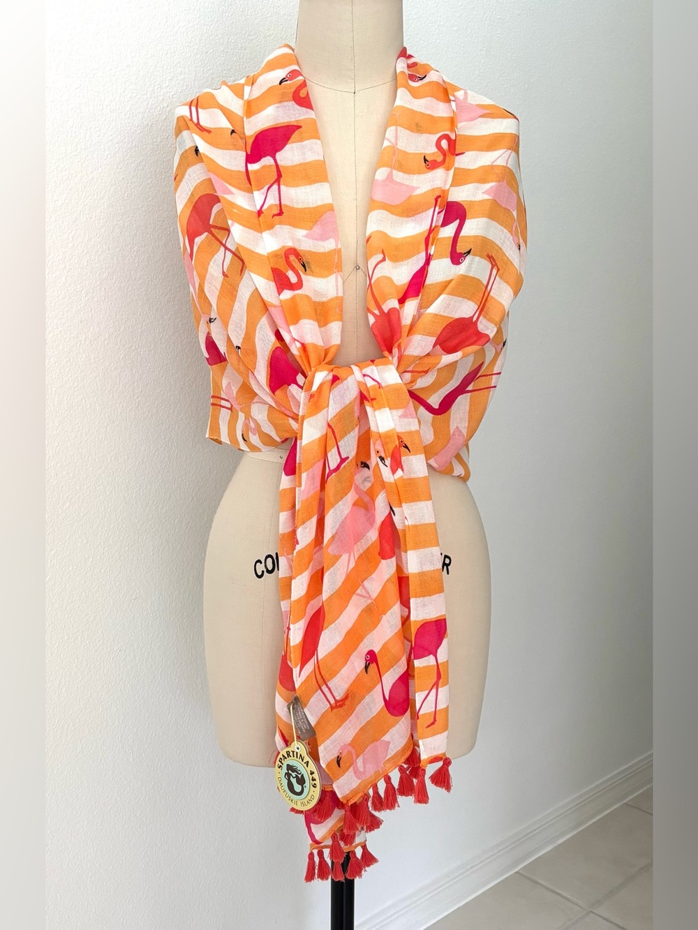 Spartina 449 Flamingo Stripe Tassel Scarf NWT Orange White Pink Lightweight